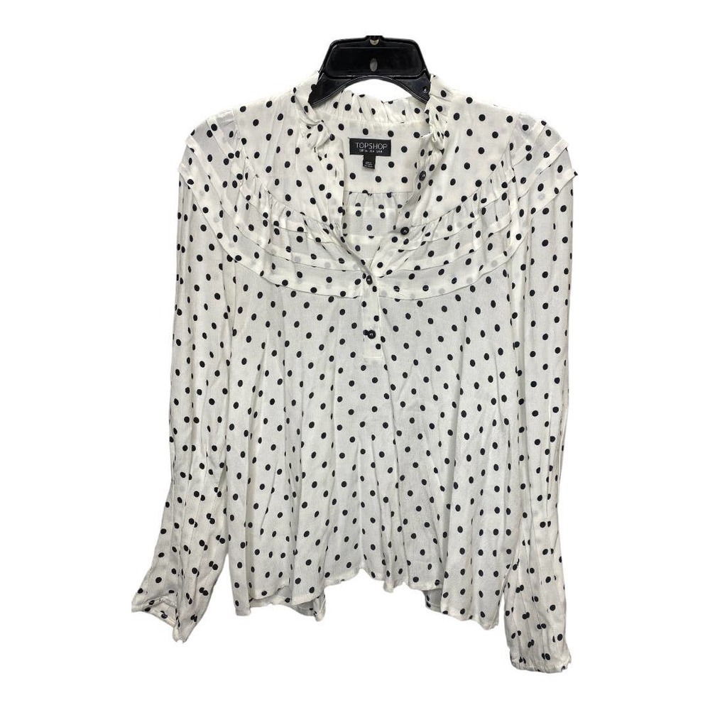 TOPSHOP Button Down Shirt Women 4 Polka Dot White Black Ruffle Rayon Long Sleeve